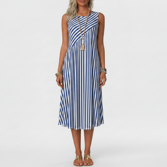 Elara | Women’s Sophisticated Striped Sleeveless Midi Dress