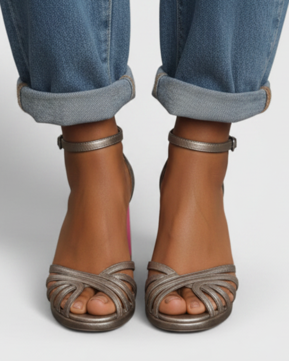 Rossette | Women’s Metallic Ankle Strap Block Heel Sandals