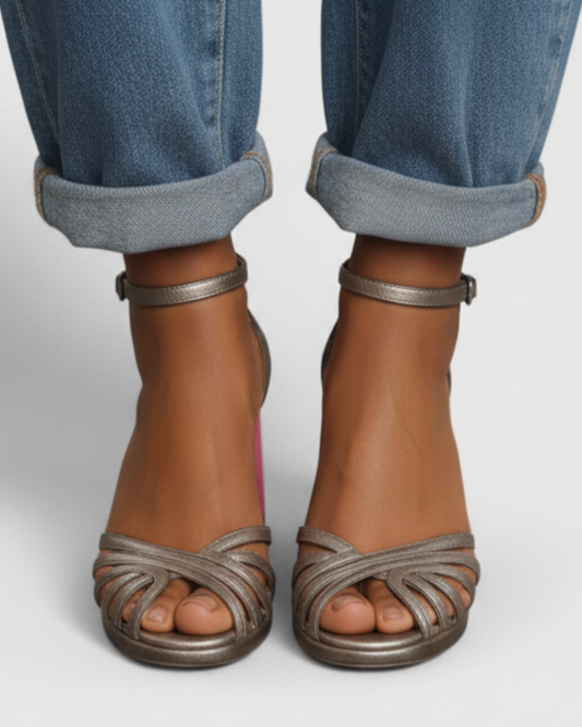 Rossette | Women’s Metallic Ankle Strap Block Heel Sandals