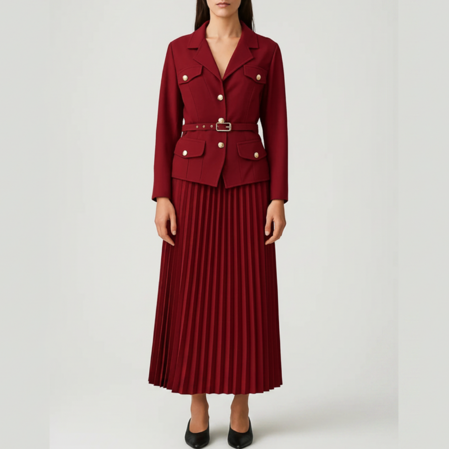 Potts | Women’s Double Breasted Blazer Pleated Skirt Set