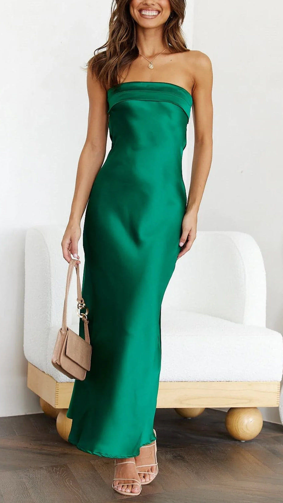 Brynn | Women’s Wedding Guest Strapless Satin Midi Dress