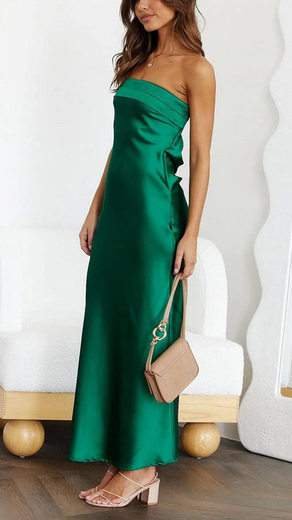 Brynn | Women’s Wedding Guest Strapless Satin Midi Dress