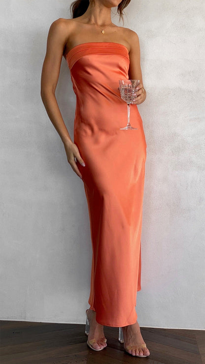 Brynn | Women’s Wedding Guest Strapless Satin Midi Dress