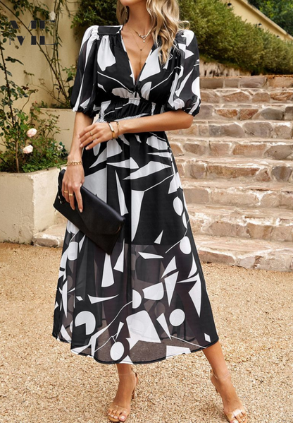 Zinnia | Women’s Abstract Print Belted Midi Dress