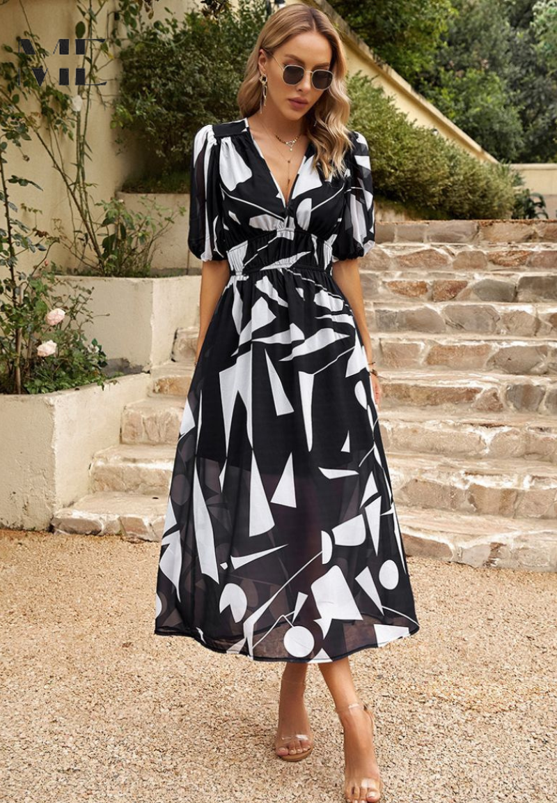 Zinnia | Women’s Abstract Print Belted Midi Dress