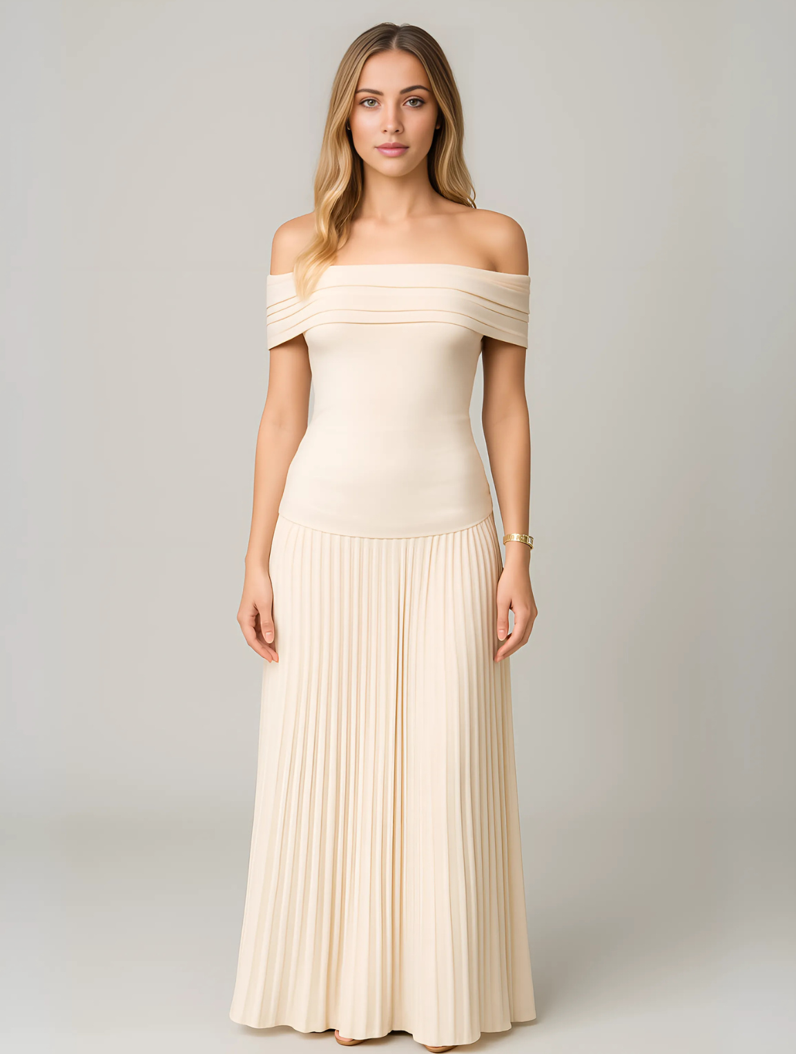 Selah | Women’s Pleated Off-Shoulder Maxi Dress for Wedding Guests