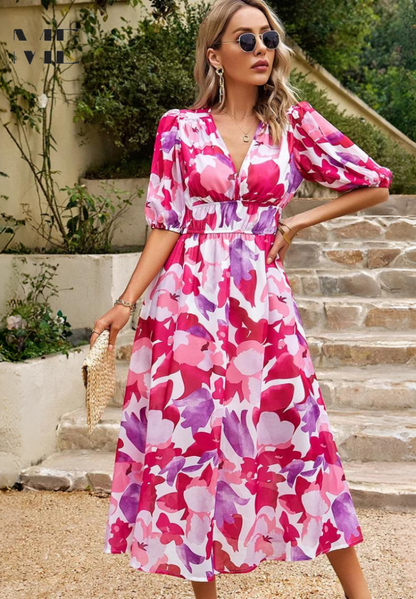 Zinnia | Women’s Abstract Print Belted Midi Dress