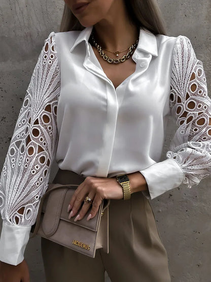 Louisa | Women’s Lace and Mesh Blouse with Elegant Sheer Sleeve