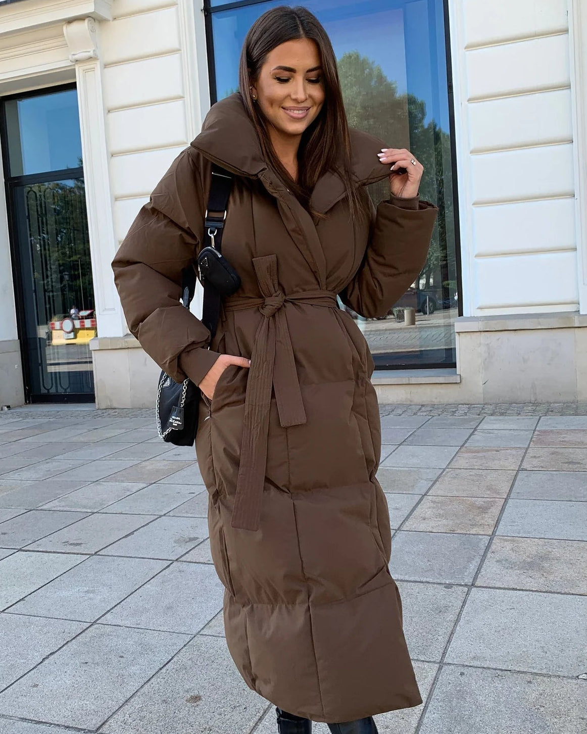 Mykka | Women’s Long Quilted Puffer Jacket with Adjustable Belt