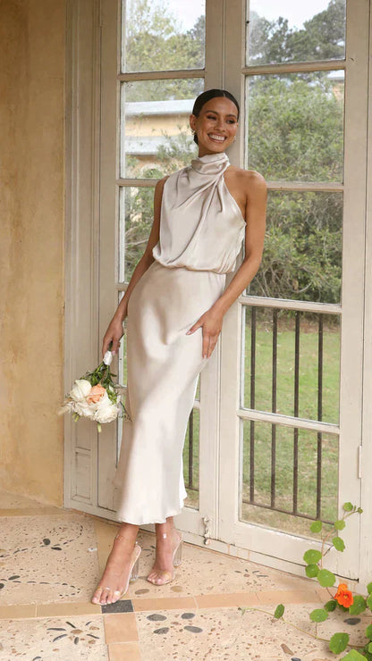 Selena | Women’s Elegant Halter Midi Dress Draped Neckline