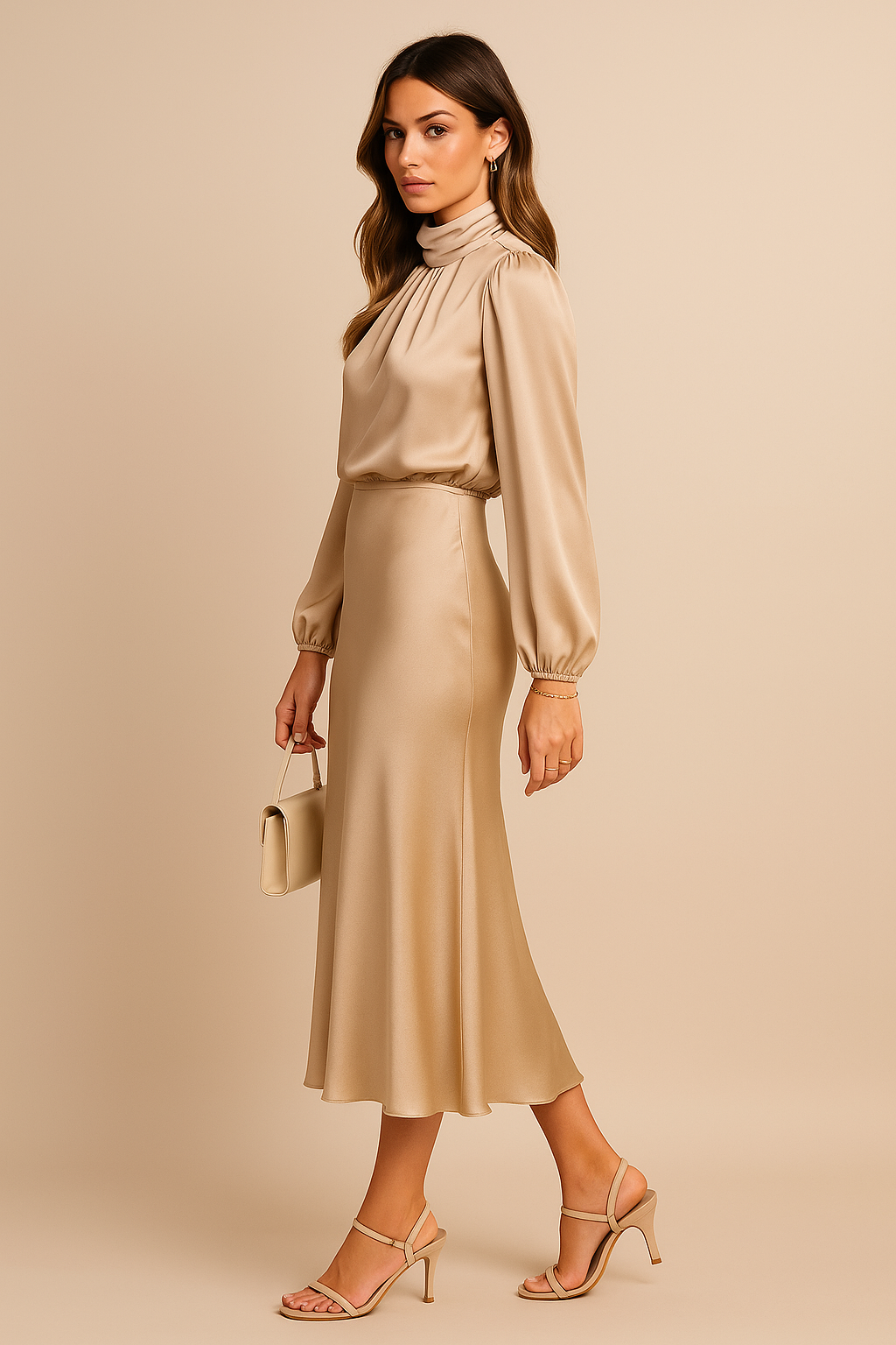 Noemi | Women’s High Neck Midi Dress with Draped Bodice