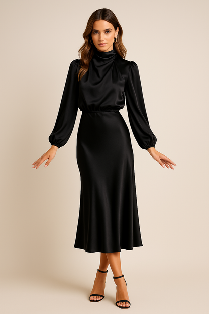 Noemi | Women’s High Neck Midi Dress with Draped Bodice