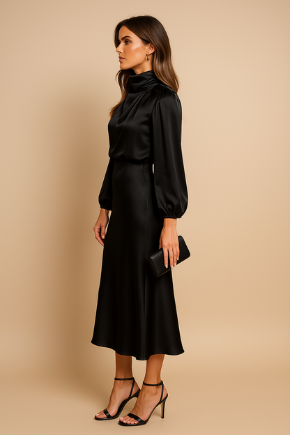 Noemi | Women’s High Neck Midi Dress with Draped Bodice