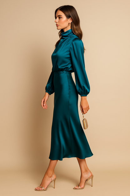 Noemi | Women’s High Neck Midi Dress with Draped Bodice
