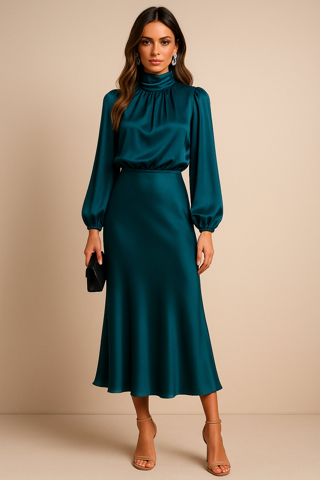 Noemi | Women’s High Neck Midi Dress with Draped Bodice