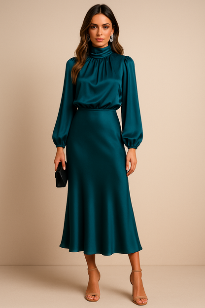 Noemi | Women’s High Neck Midi Dress with Draped Bodice