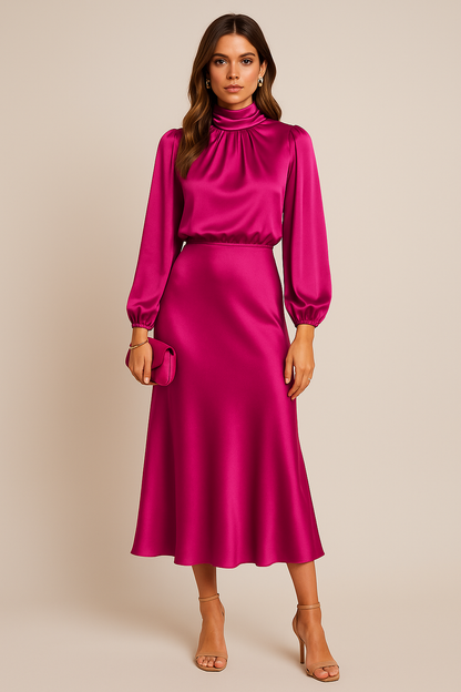 Noemi | Women’s High Neck Midi Dress with Draped Bodice