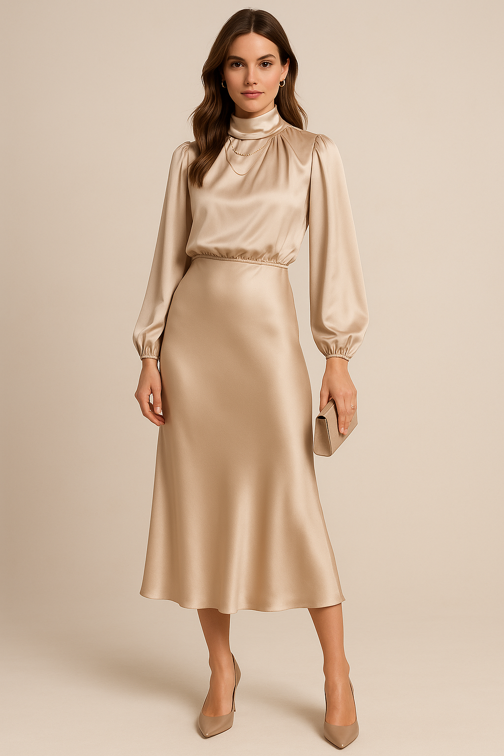 Noemi | Women’s High Neck Midi Dress with Draped Bodice
