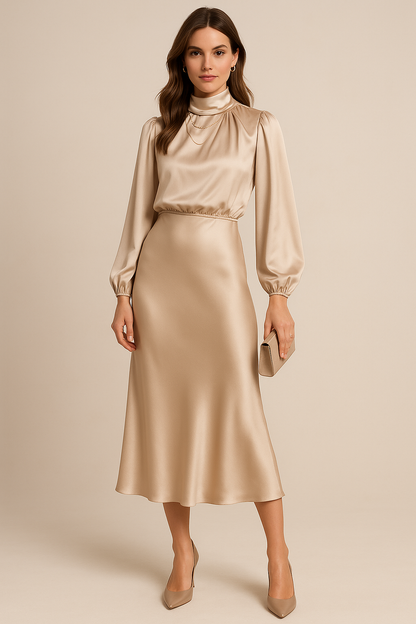 Noemi | Women’s High Neck Midi Dress with Draped Bodice