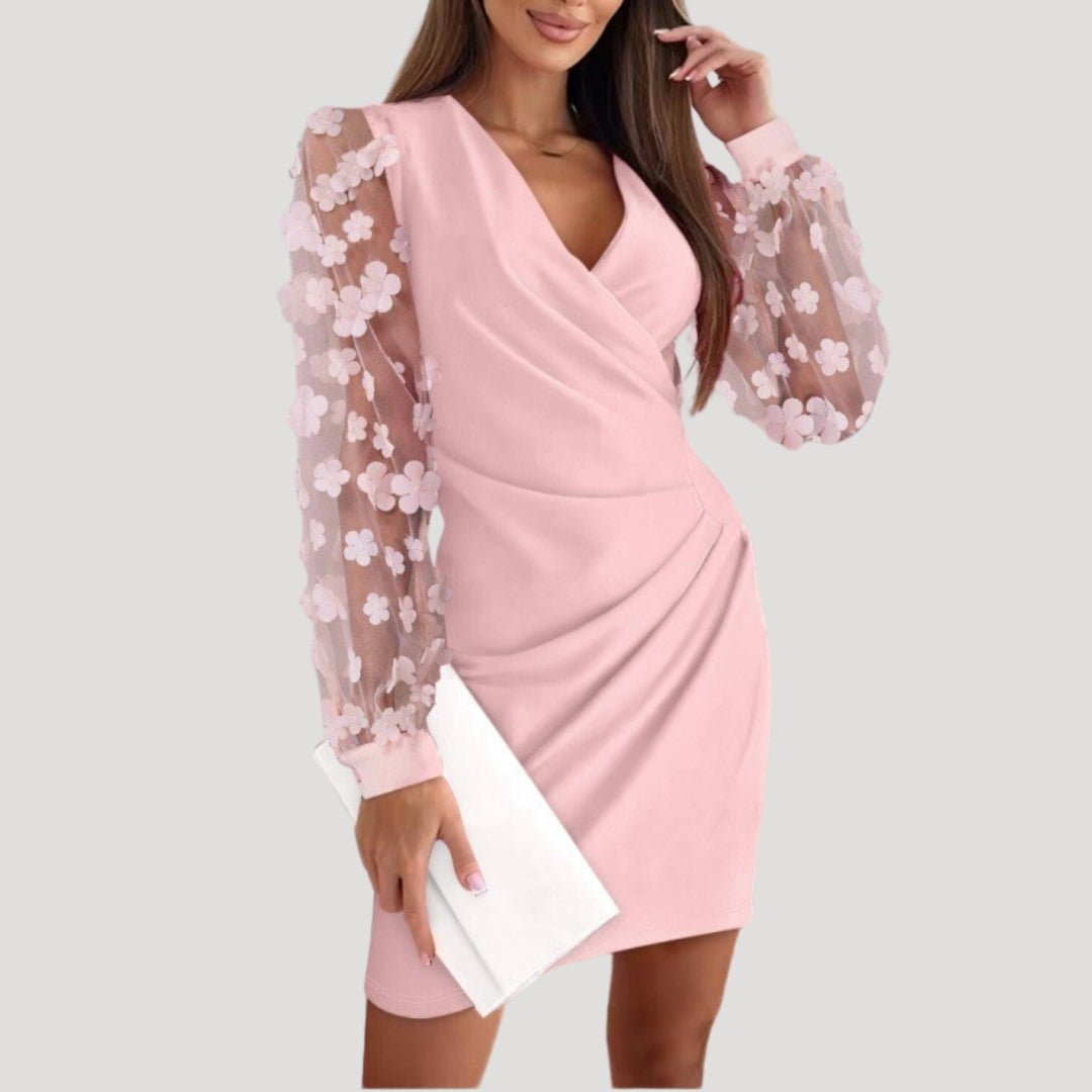 Cambrie | Women’s Mini Wrap Dress with Sheer Sleeves and V-Neck