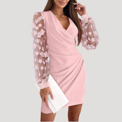 Cambrie | Women’s Mini Wrap Dress with Sheer Sleeves and V-Neck