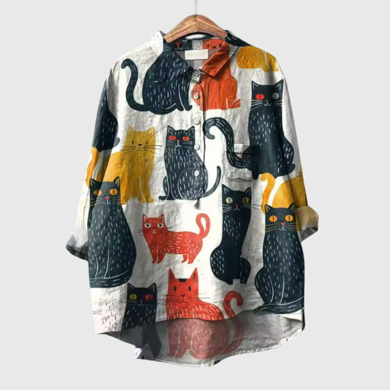Juniper | Women’s Cat Print Button Up Blouse