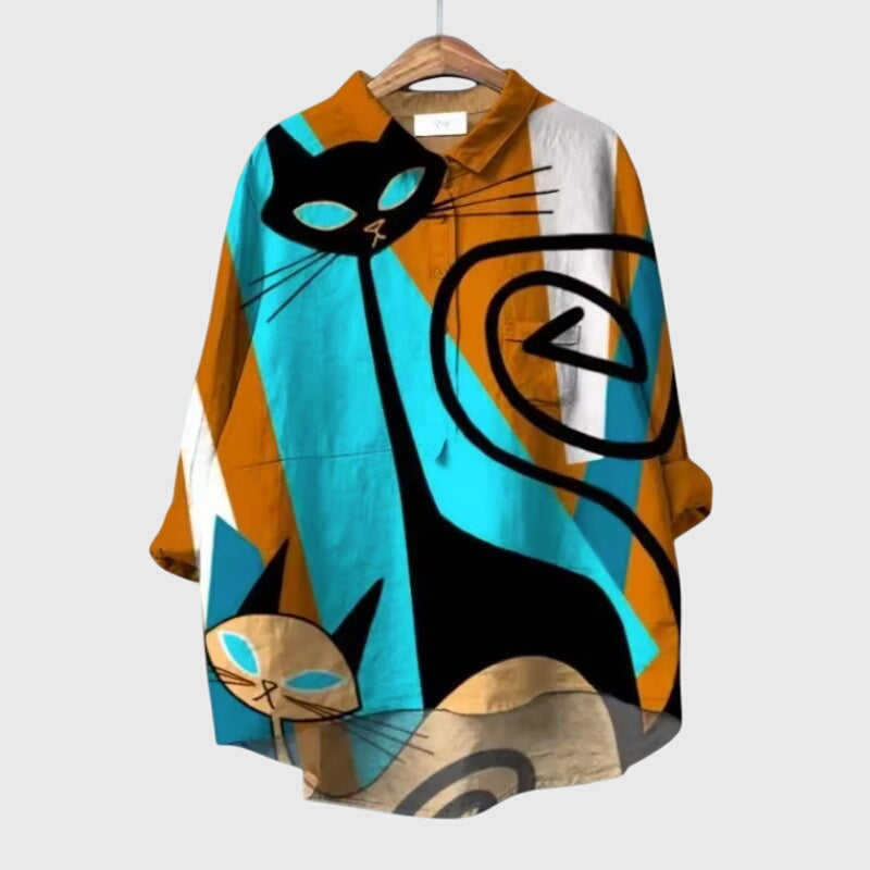 Juniper | Women’s Cat Print Button Up Blouse