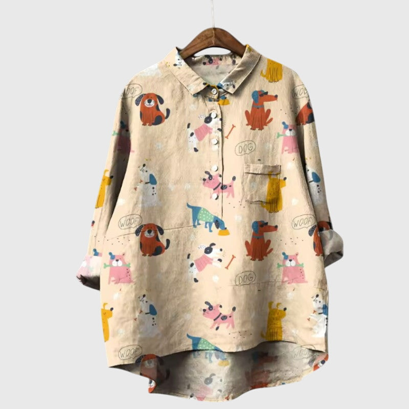 Presley | Women’s Cute Cat Print Button Up Blouse