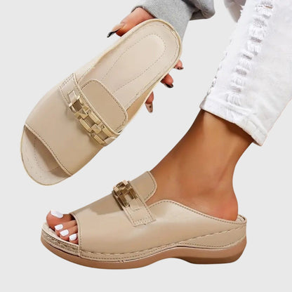 Marley | Women’s White Buckle Comfort Slide Sandals