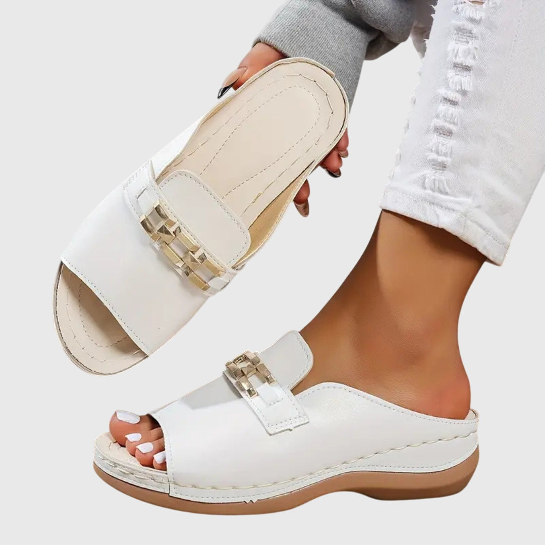 Marley | Women’s White Buckle Comfort Slide Sandals