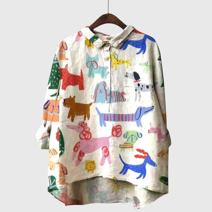 Presley | Women’s Cute Cat Print Button Up Blouse