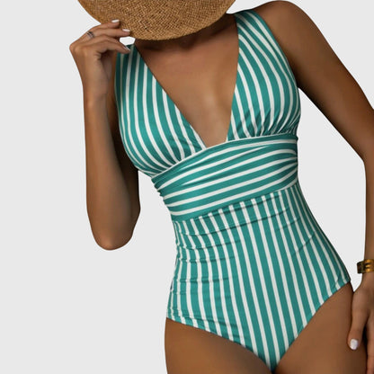Kathryn | Women’s Striped V Neck One Piece Swimsuit