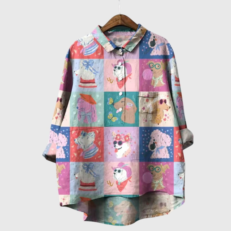 Presley | Women’s Cute Cat Print Button Up Blouse