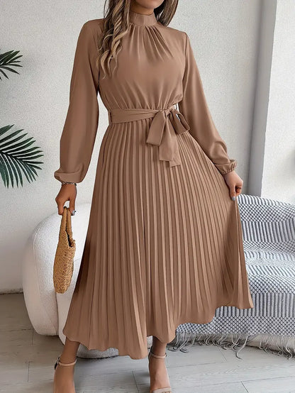 Elowyn | Women’s Long Sleeve Pleated Belted Midi Dress