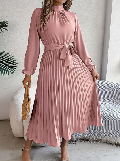 Elowyn | Women’s Long Sleeve Pleated Belted Midi Dress