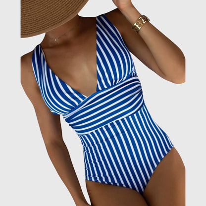 Kathryn | Women’s Striped V Neck One Piece Swimsuit