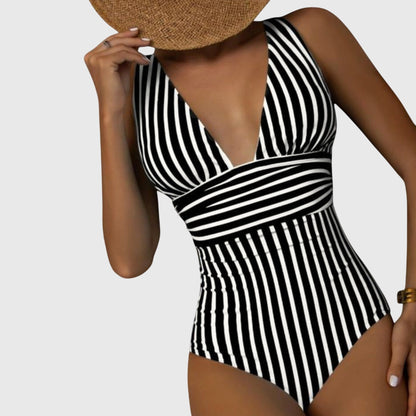 Kathryn | Women’s Striped V Neck One Piece Swimsuit