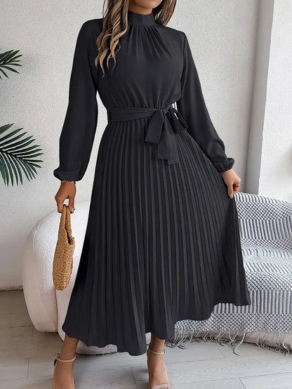 Elowyn | Women’s Long Sleeve Pleated Belted Midi Dress