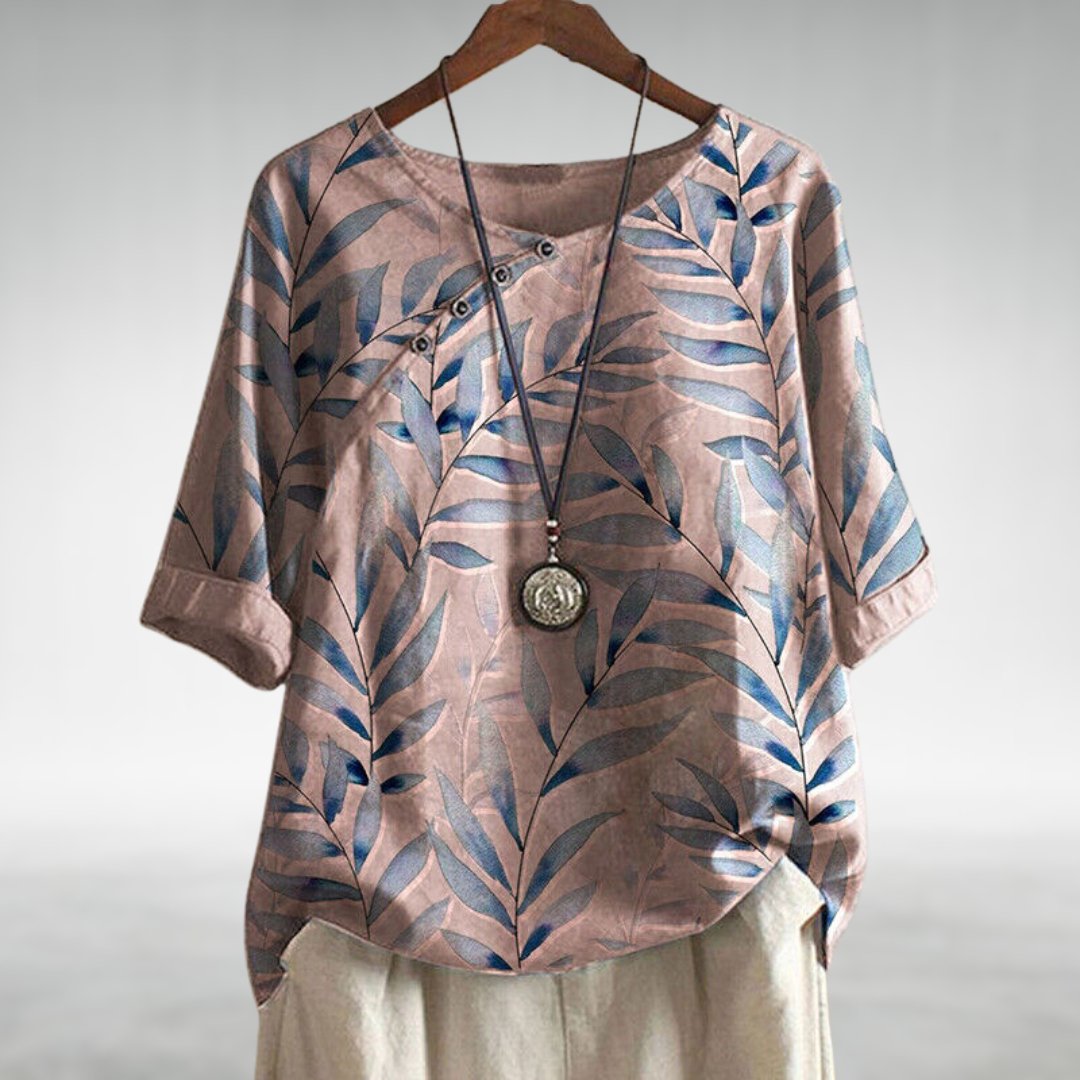 Daphne | Women’s Relaxed Leaf Print Button-Front Casual Blouse