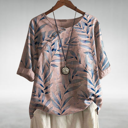 Daphne | Women’s Relaxed Leaf Print Button-Front Casual Blouse