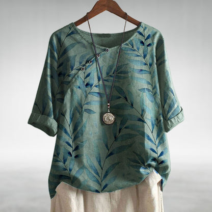 Daphne | Women’s Relaxed Leaf Print Button-Front Casual Blouse