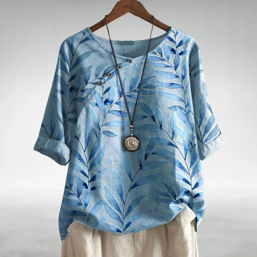 Daphne | Women’s Relaxed Leaf Print Button-Front Casual Blouse