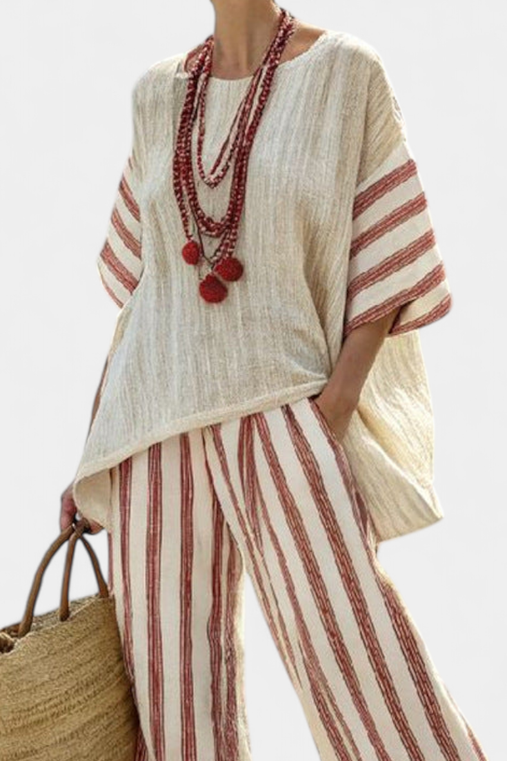 Calla | Women’s Rustic Striped Poncho Top and Linen Pants Set