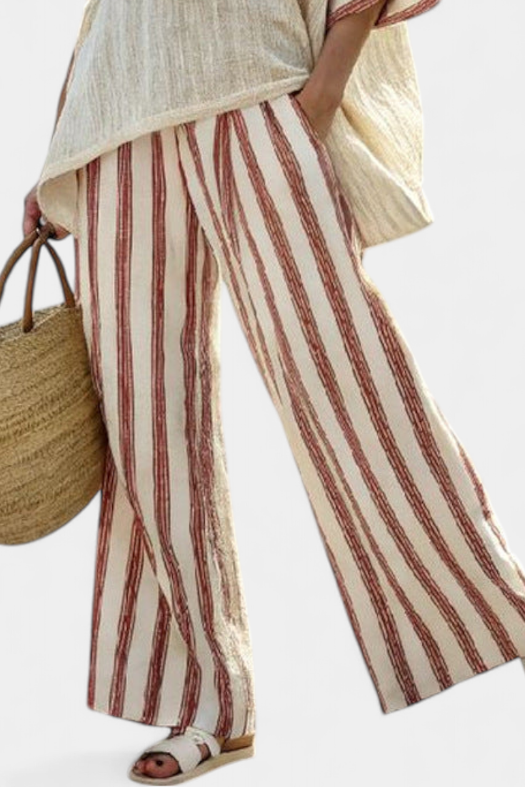 Calla | Women’s Rustic Striped Poncho Top and Linen Pants Set