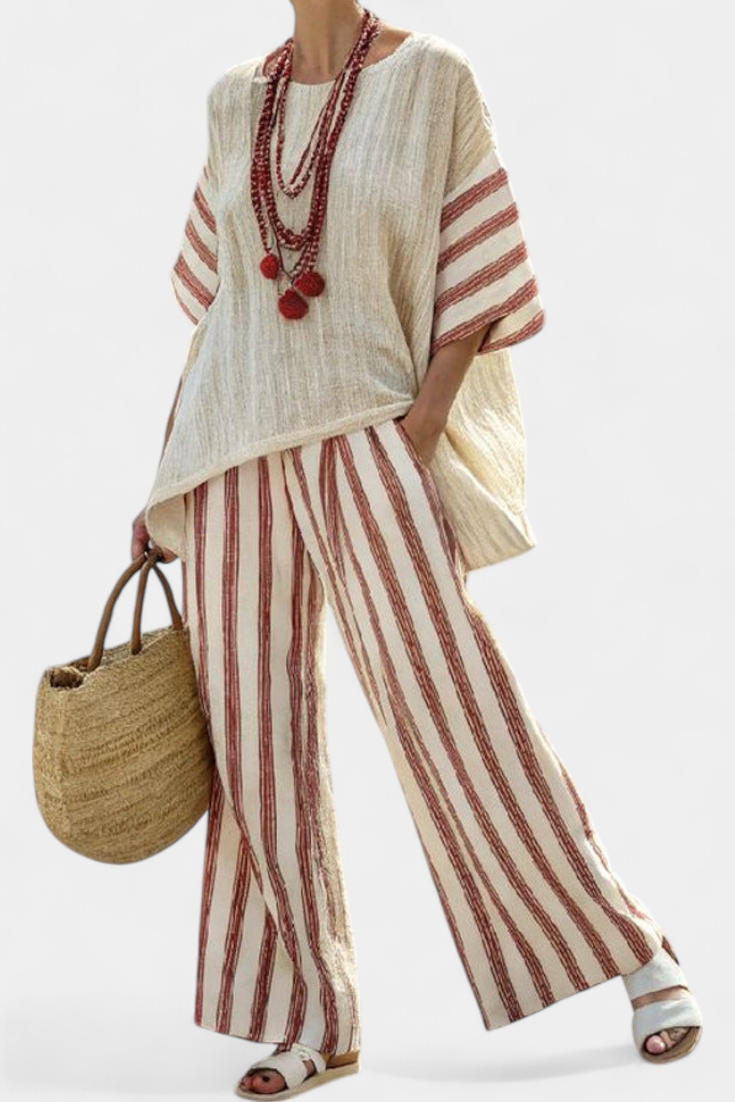 Calla | Women’s Rustic Striped Poncho Top and Linen Pants Set