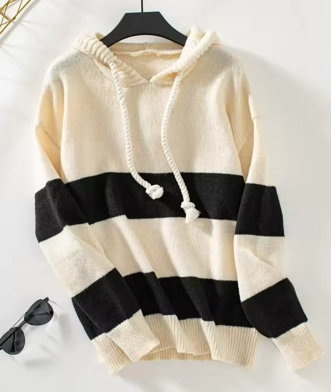 Maya | Women’s Cozy Striped Knit Hoodie with Drawstring
