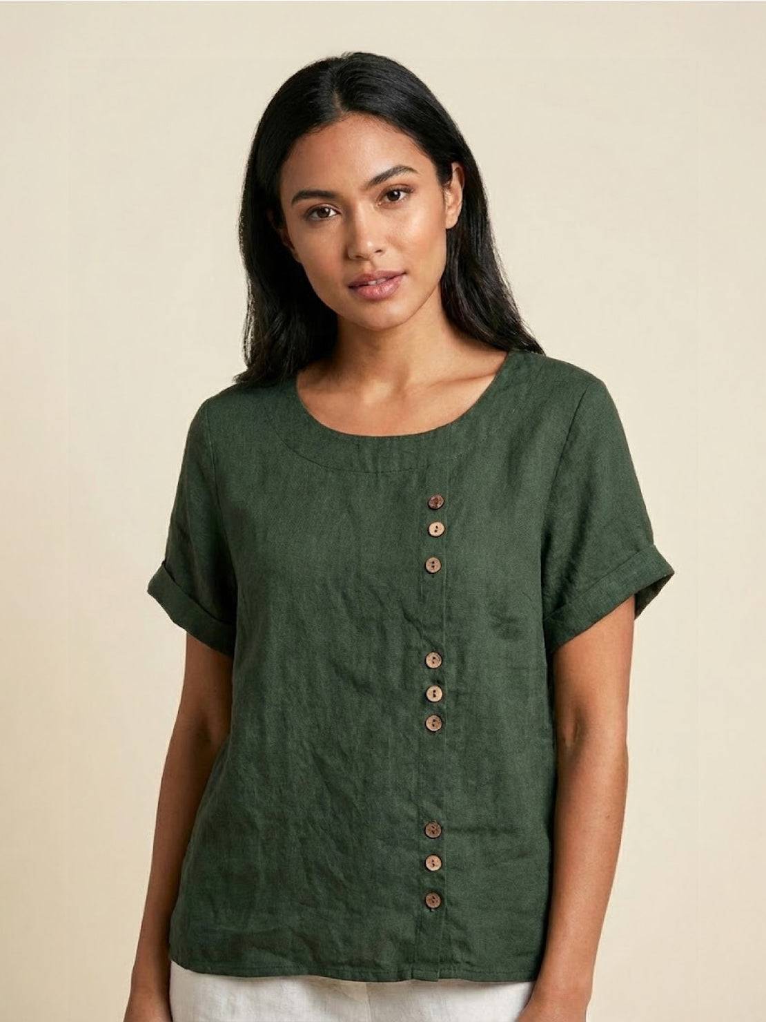 Wanda | Women’s Linen Round Neck Button Blouse