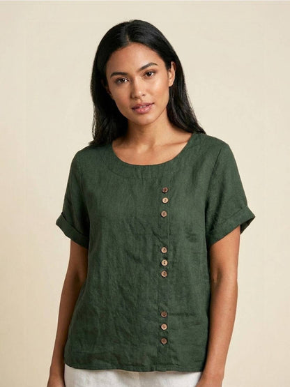 Wanda | Women’s Linen Round Neck Button Blouse