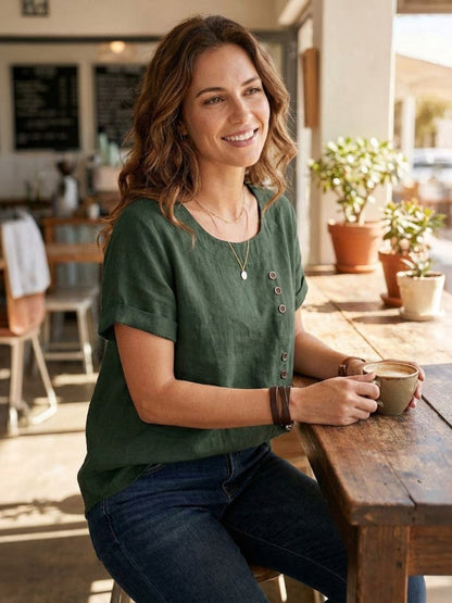 Wanda | Women’s Linen Round Neck Button Blouse