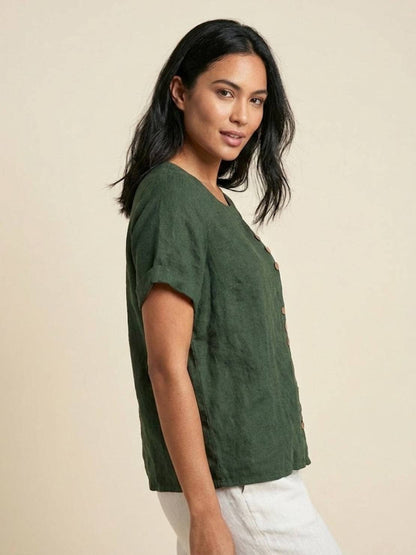 Wanda | Women’s Linen Round Neck Button Blouse